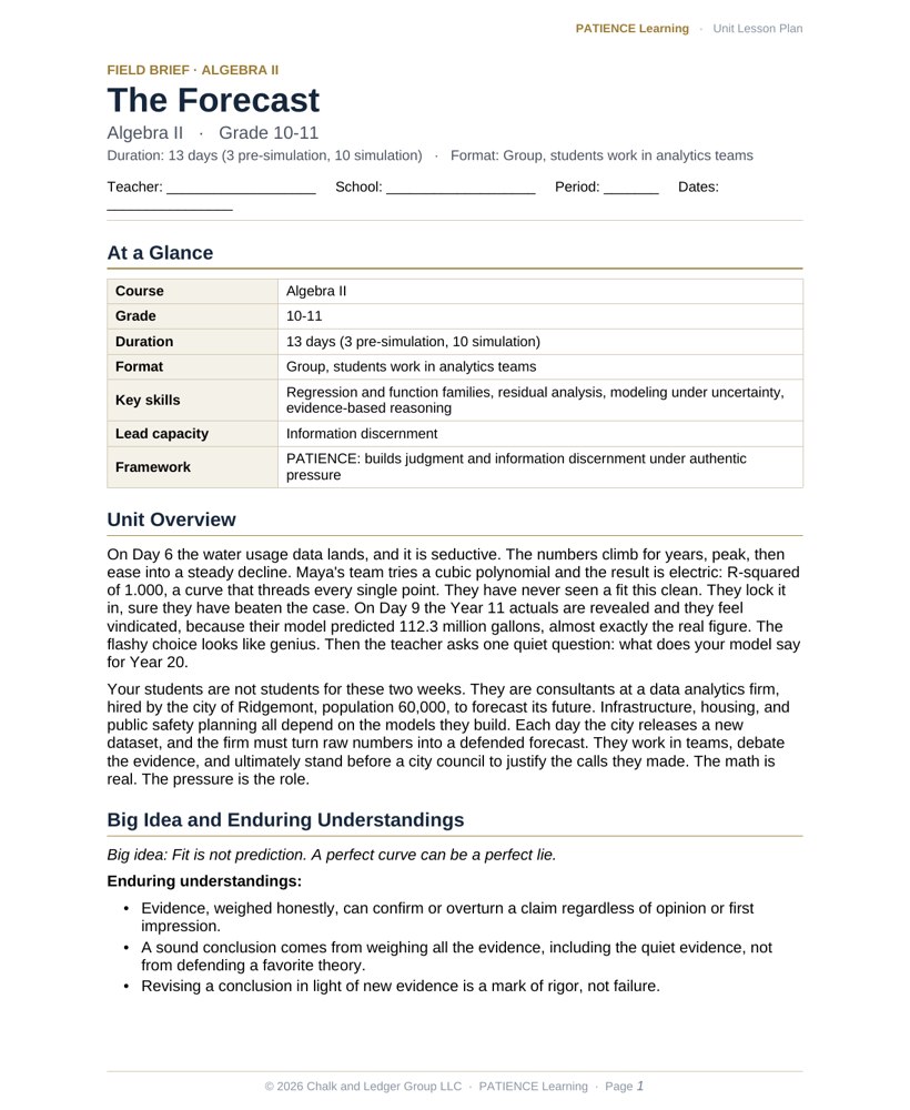 The included admin-ready lesson plan for The Forecast, first page