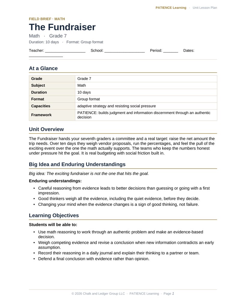 The included admin-ready lesson plan for The Fundraiser, first page