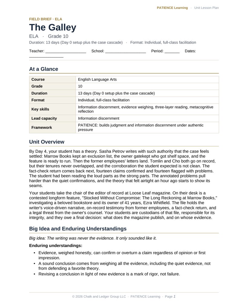 The included admin-ready lesson plan for The Galley, first page