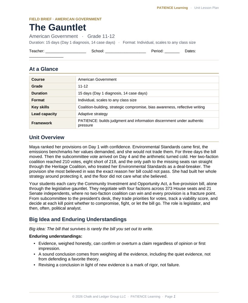 The included admin-ready lesson plan for The Gauntlet, first page