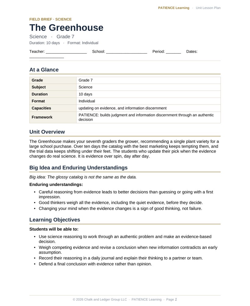 The included admin-ready lesson plan for The Greenhouse, first page