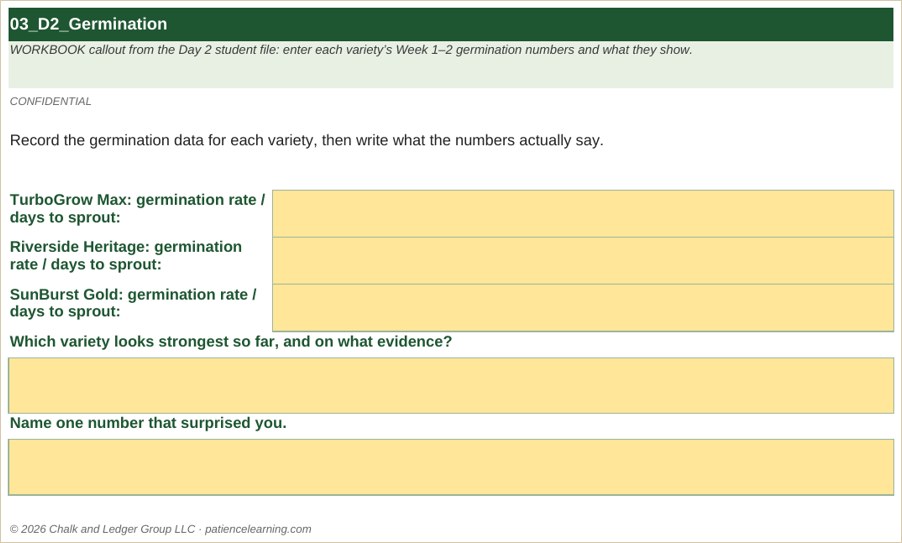 The student workbook tracking the growth trials
