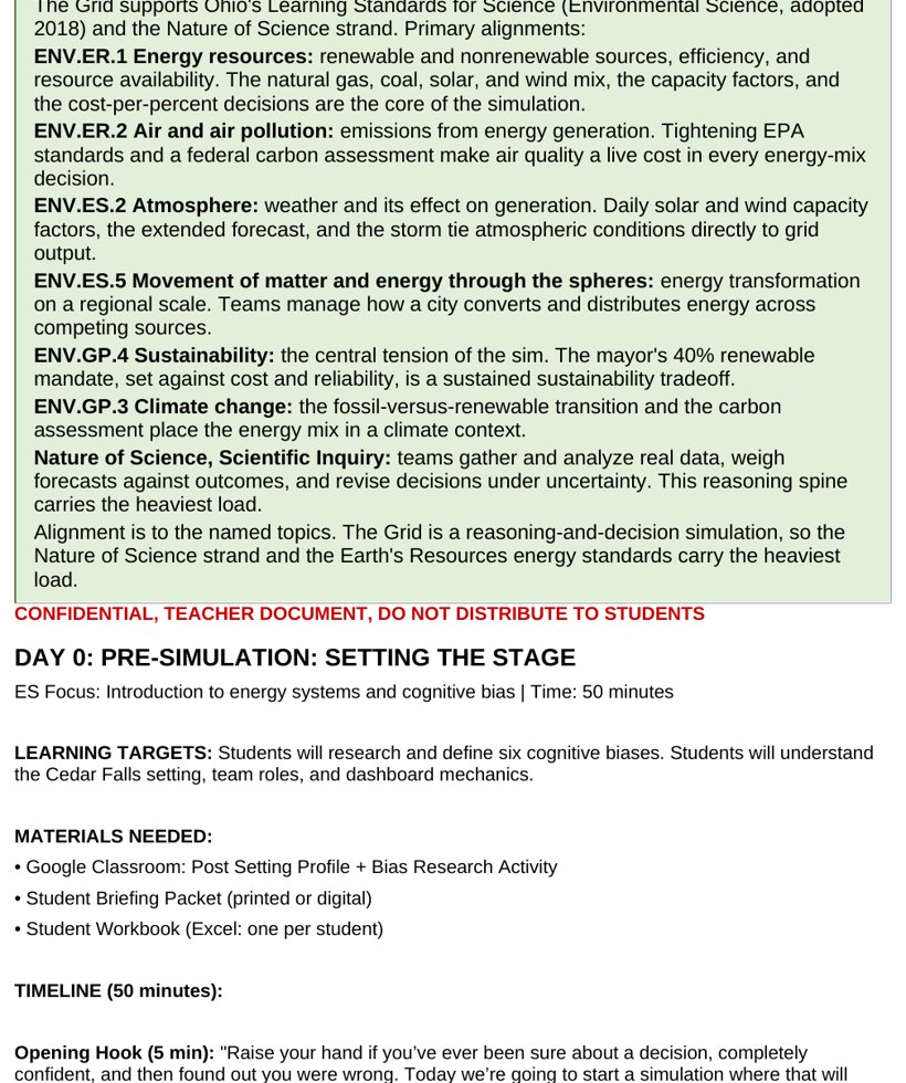 The teacher guide showing a day-by-day playbook with learning targets, the day's planted event, and facilitation prompts.