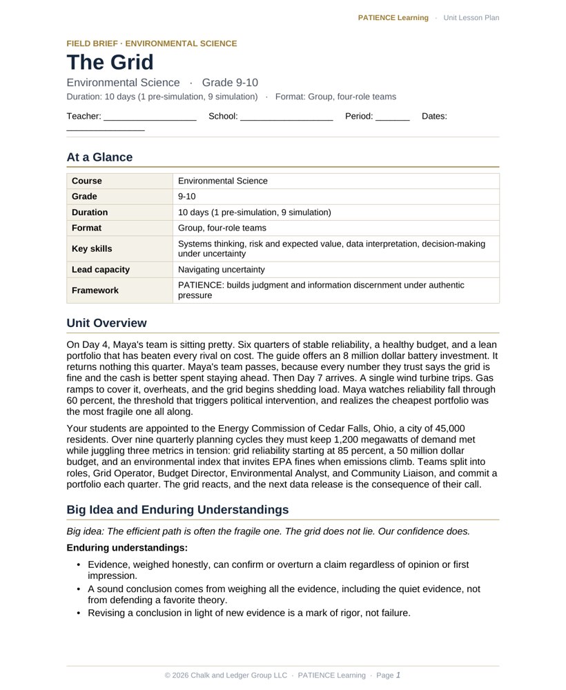 The included admin-ready lesson plan for The Grid, first page