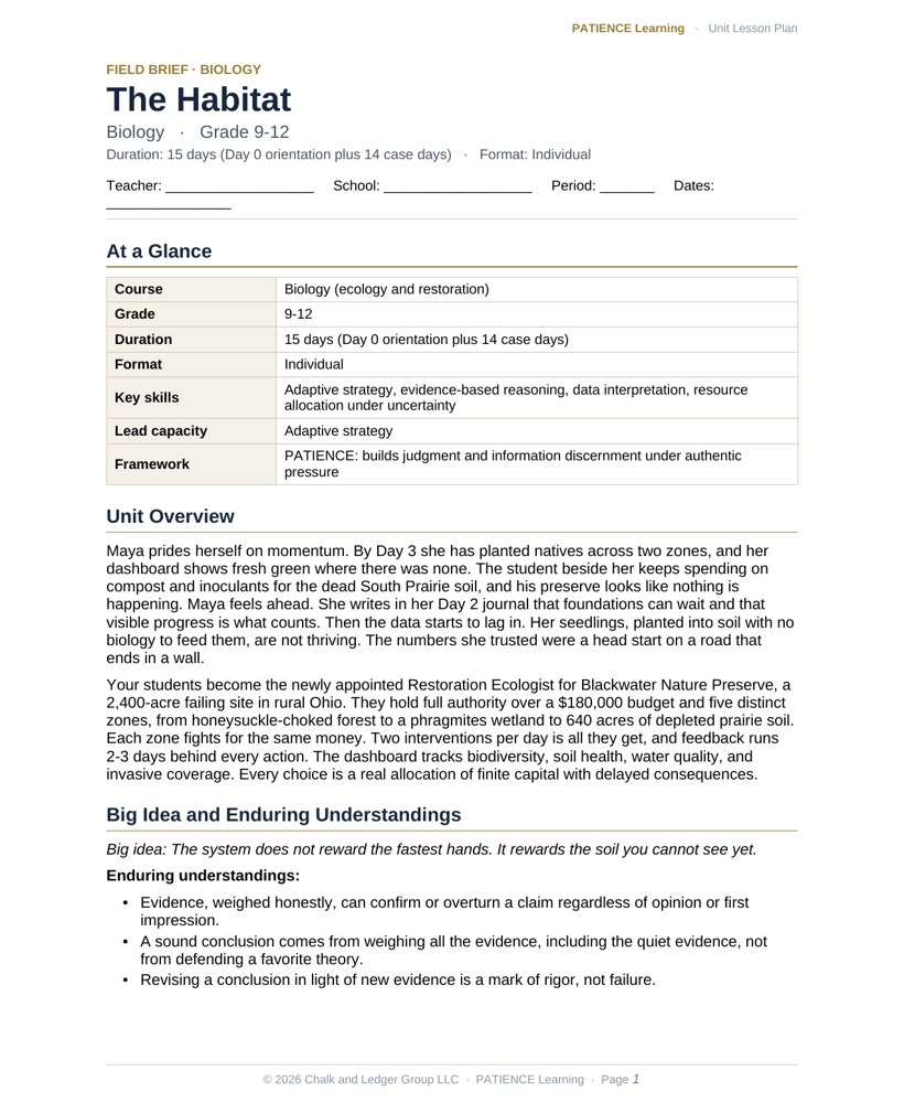 The included admin-ready lesson plan for The Habitat, first page