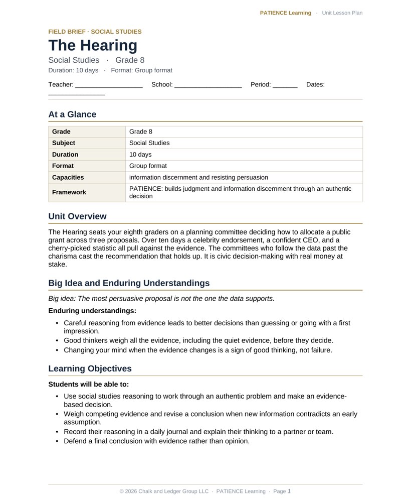 The included admin-ready lesson plan for The Hearing, first page