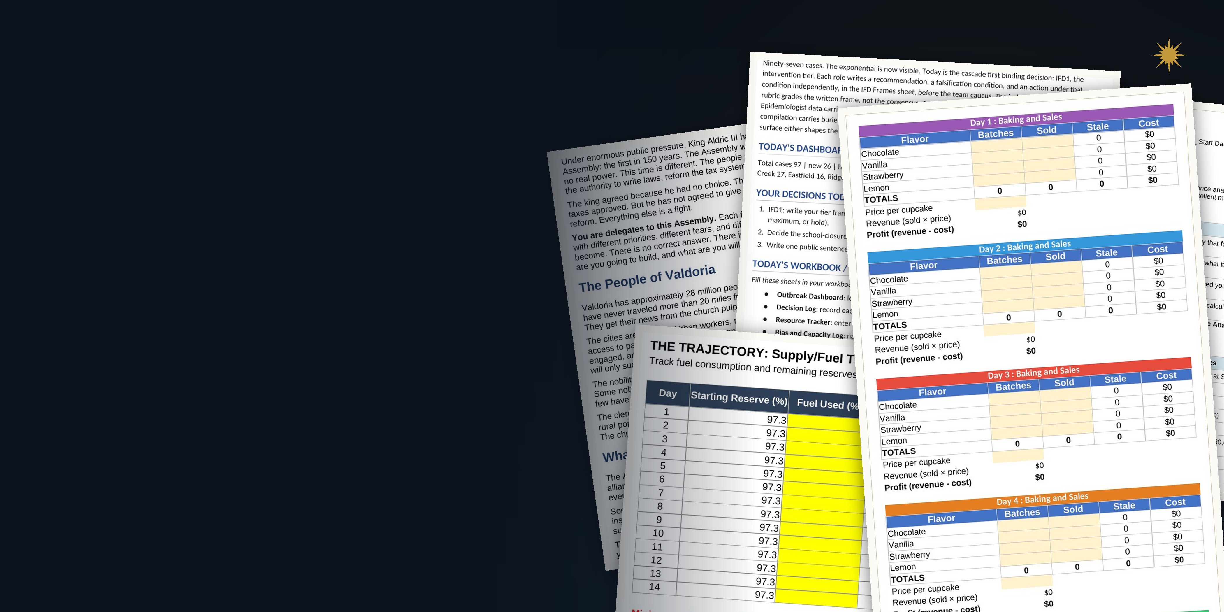 Real pages from PATIENCE classroom simulations fanned out: a nation briefing, an outbreak dashboard with live case data, a sealed prediction workbook, and a colorful student sales tracker.