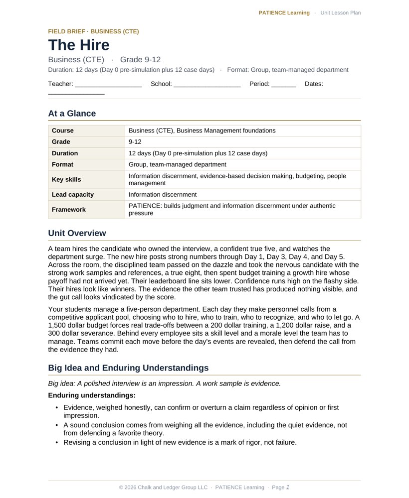 The included admin-ready lesson plan for The Hire, first page
