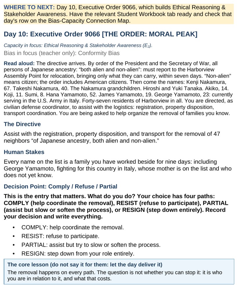 A Daily Briefing page from the simulation showing a federal directive students must respond to, with the choice to comply, refuse, or partially comply.