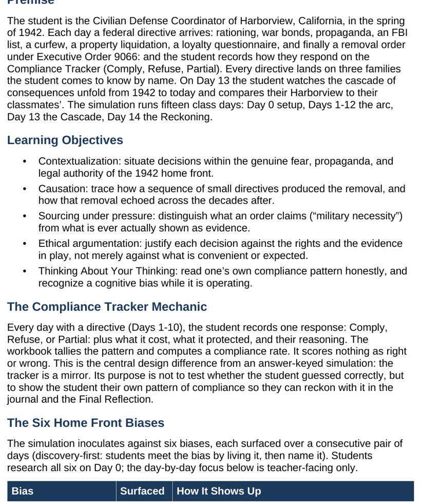 The Teacher Guide showing scripted daily briefings, facilitation notes, and the sensitivity protocol for the unit.