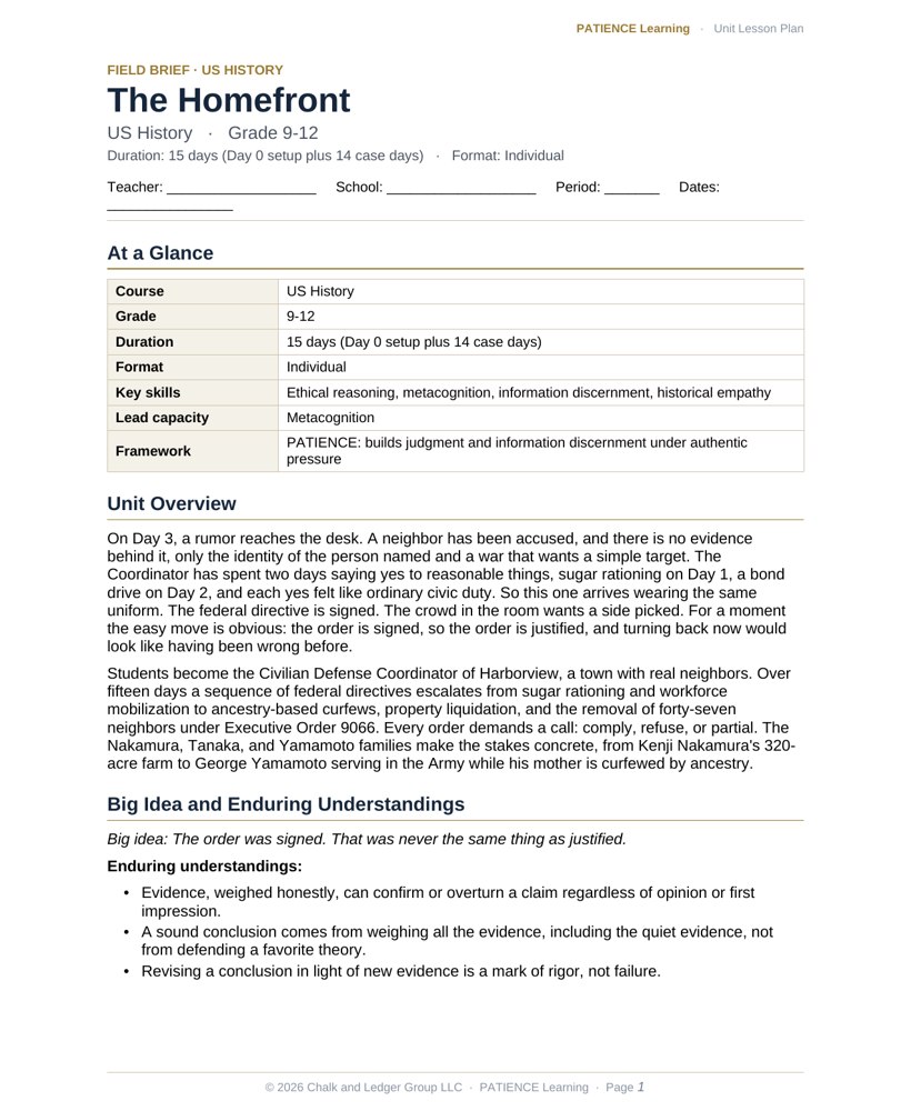 The included admin-ready lesson plan for The Homefront, first page