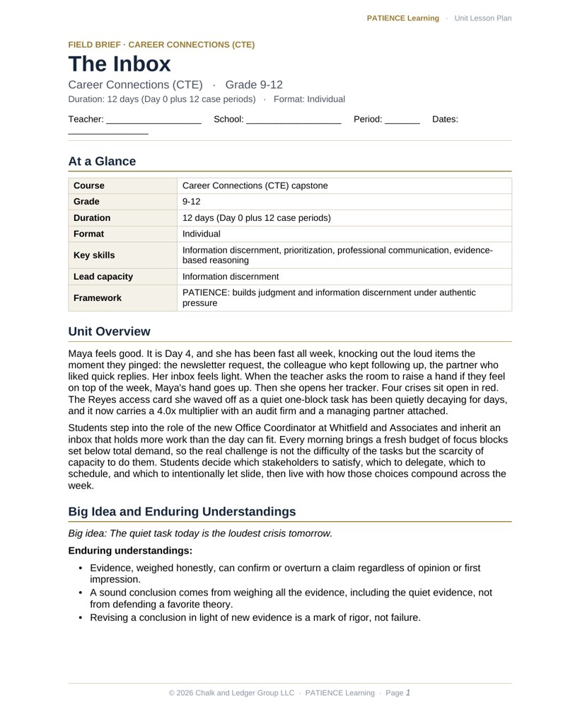 The included admin-ready lesson plan for The Inbox, first page