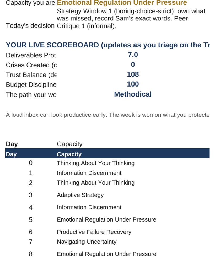 The self-calculating student workbook acting as a live cockpit that tracks focus blocks, decay, and the four scoreboard counters.