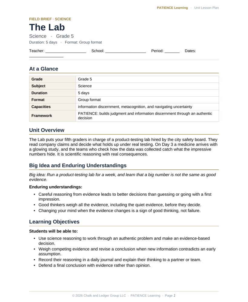 The included admin-ready lesson plan for The Lab, first page