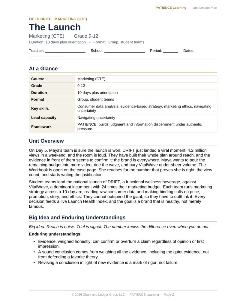 The included admin-ready lesson plan for The Launch, first page