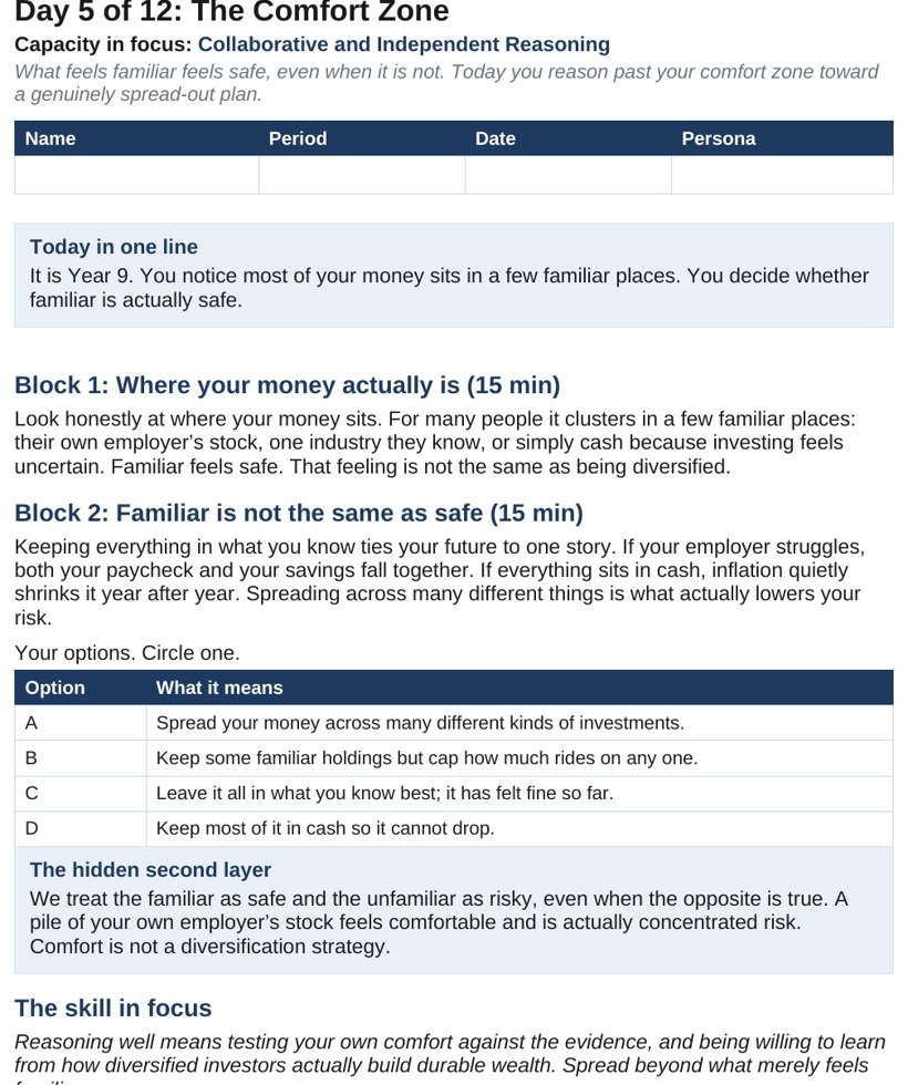 A student case page showing a simulated year, account balances, and an investment choice with the decision log open beside it.