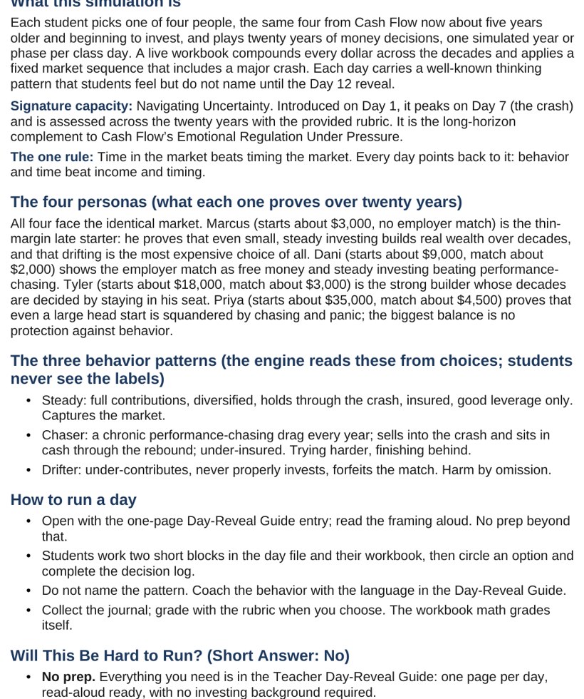 The teacher Day-Reveal Guide showing the read-aloud script and pacing for one simulated year.