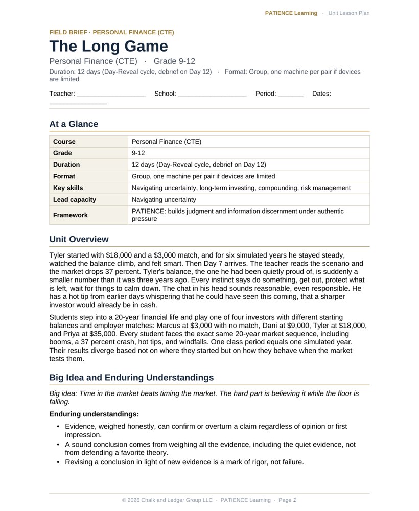 The included admin-ready lesson plan for The Long Game, first page