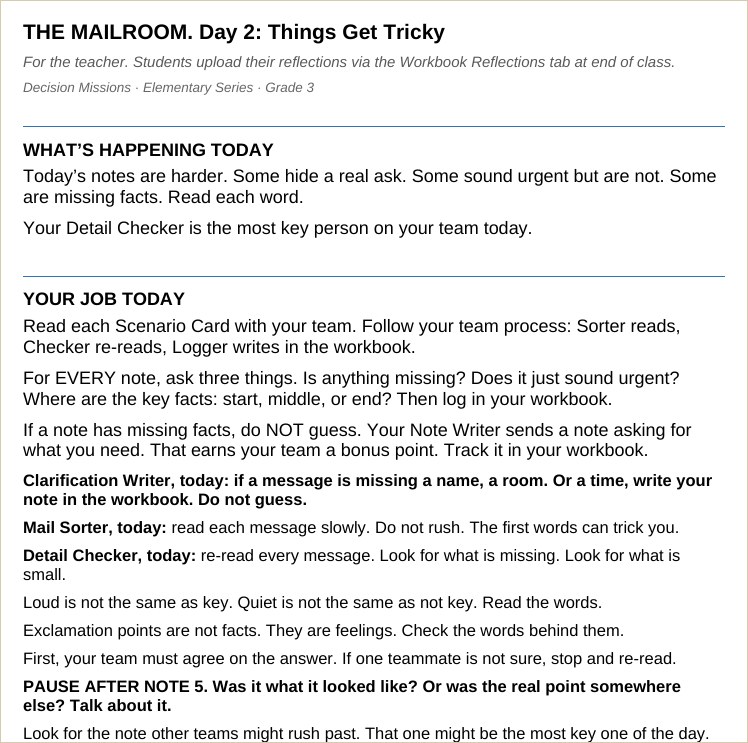The Mailroom Day 2 student file with the urgent and the quiet note