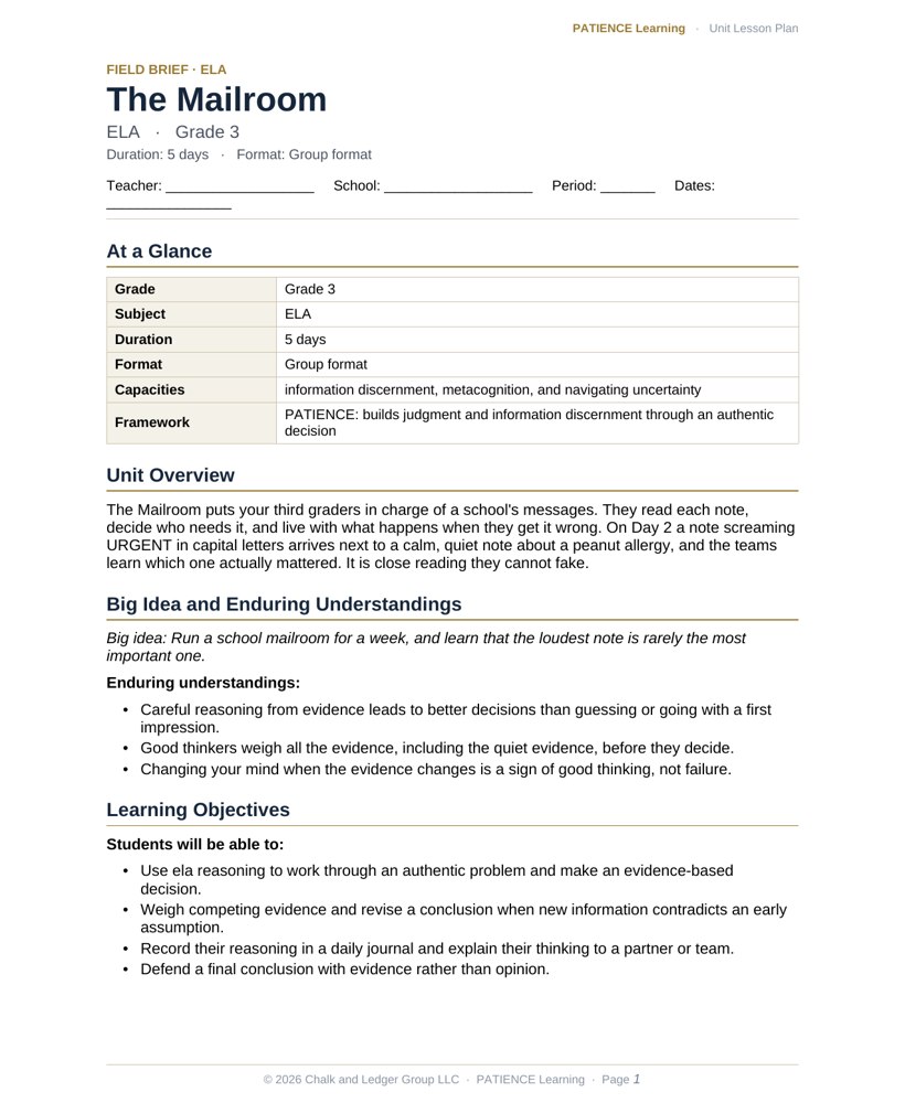 The included admin-ready lesson plan for The Mailroom, first page