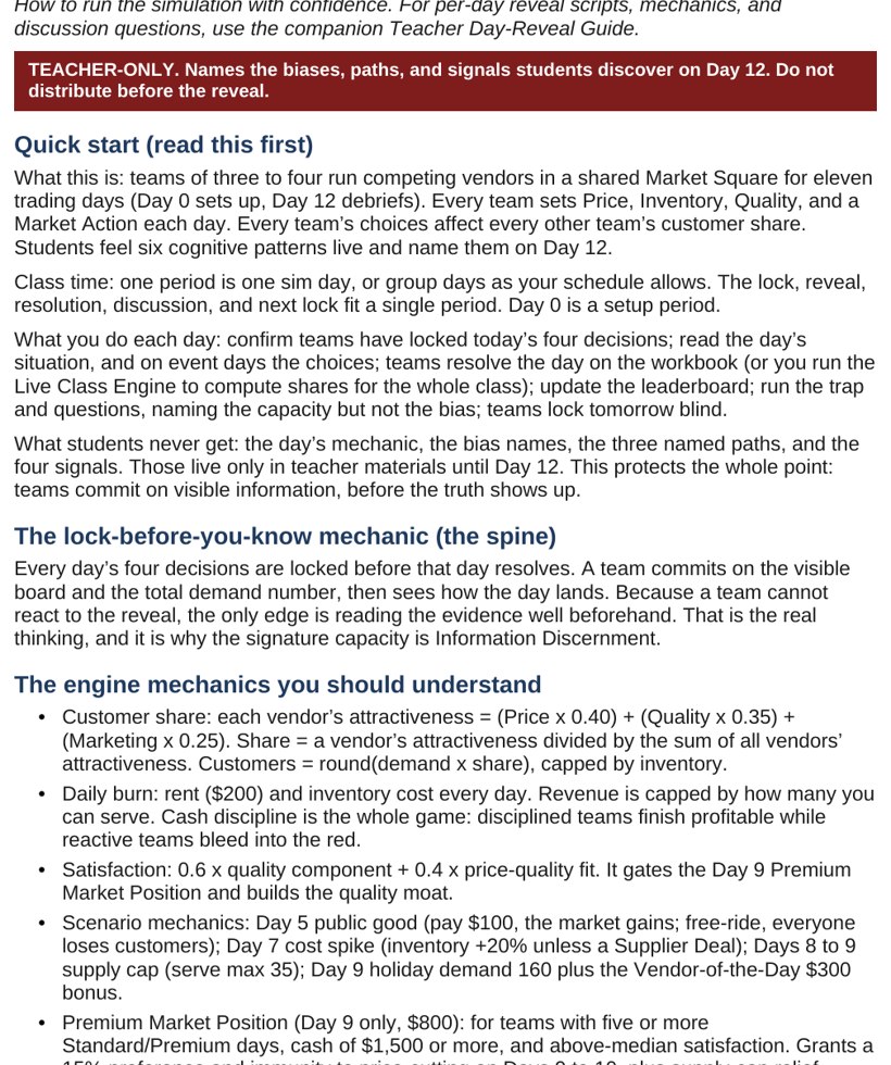 The teacher day-reveal guide, a one-page-per-day read-aloud resource scripting each session's mechanic, bias, and disciplined move.