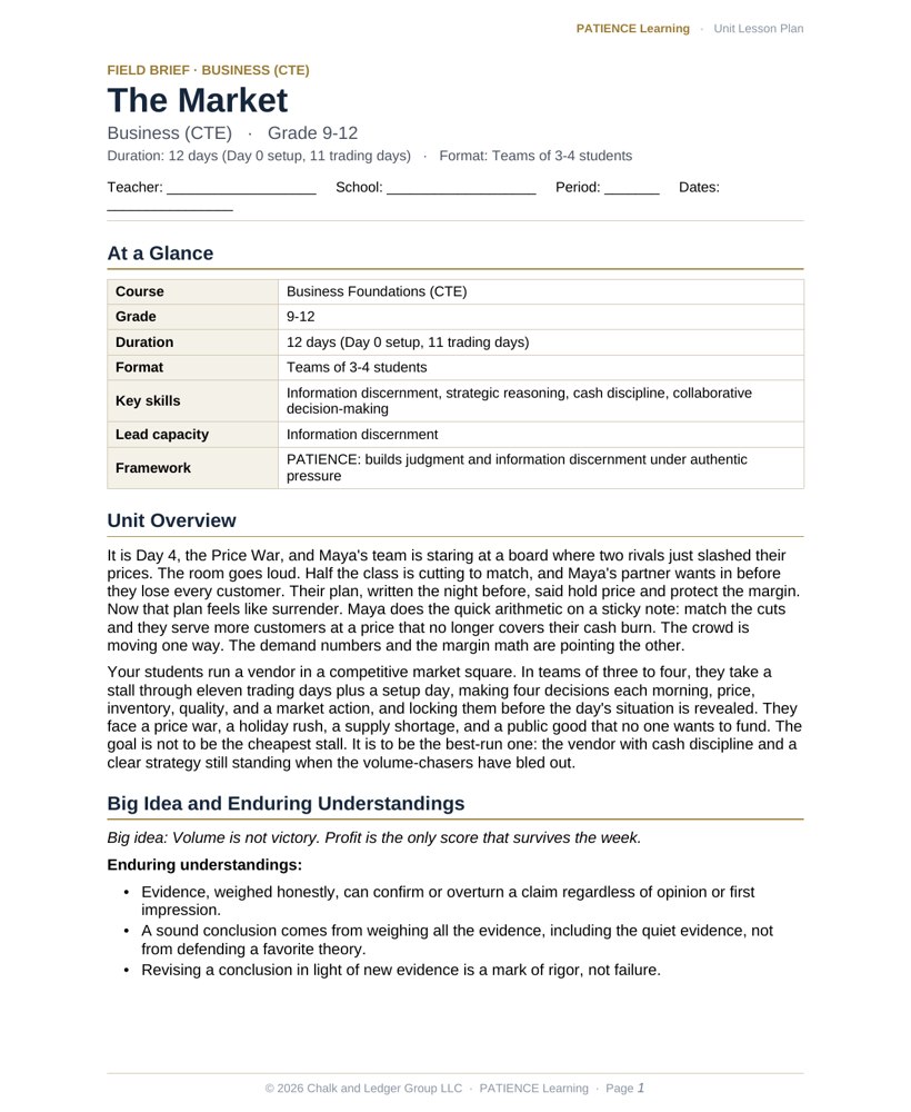The included admin-ready lesson plan for The Market, first page