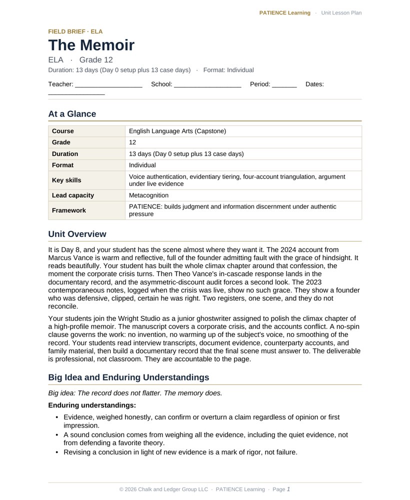 The included admin-ready lesson plan for The Memoir, first page