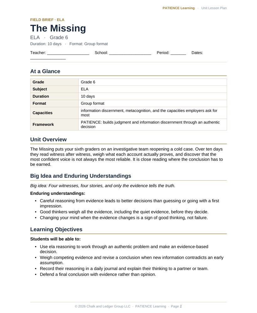 The included admin-ready lesson plan for The Missing, first page