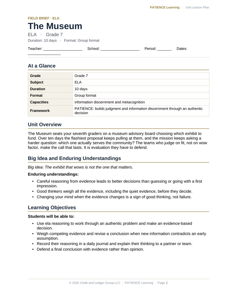 The included admin-ready lesson plan for The Museum, first page