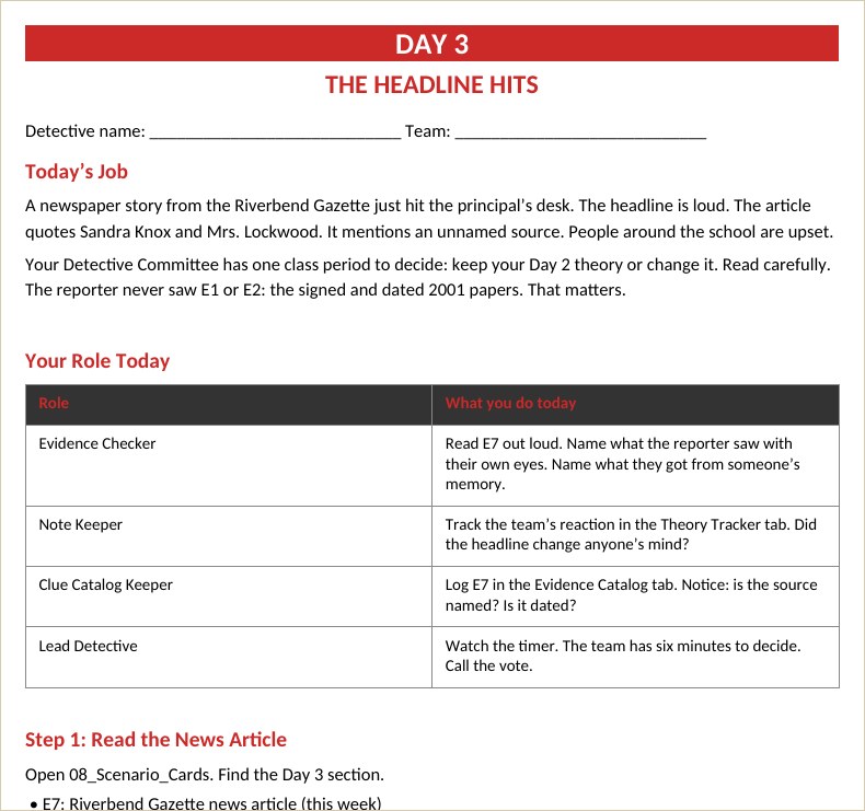 The Mystery Day 3 student file with the news article
