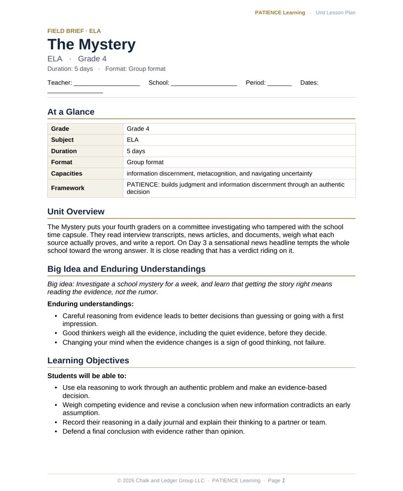 The included admin-ready lesson plan for The Mystery, first page