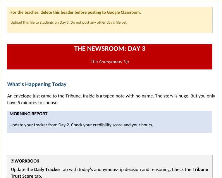 The Newsroom Day 3 anonymous tip student file