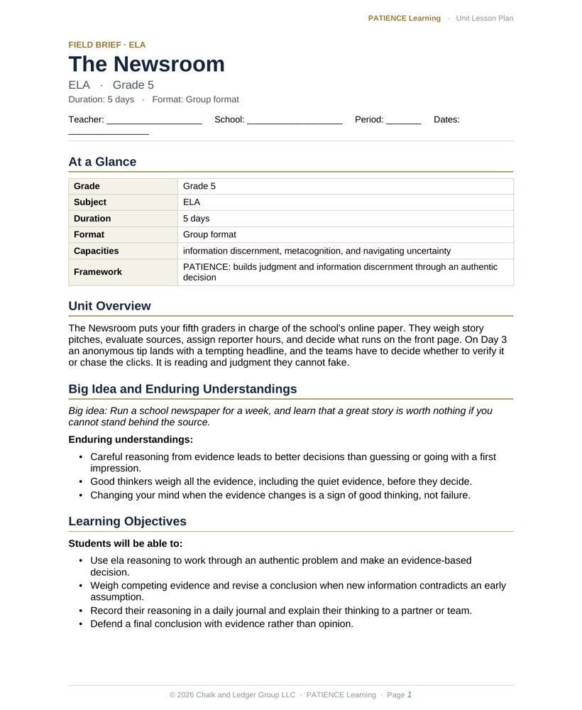 The included admin-ready lesson plan for The Newsroom, first page