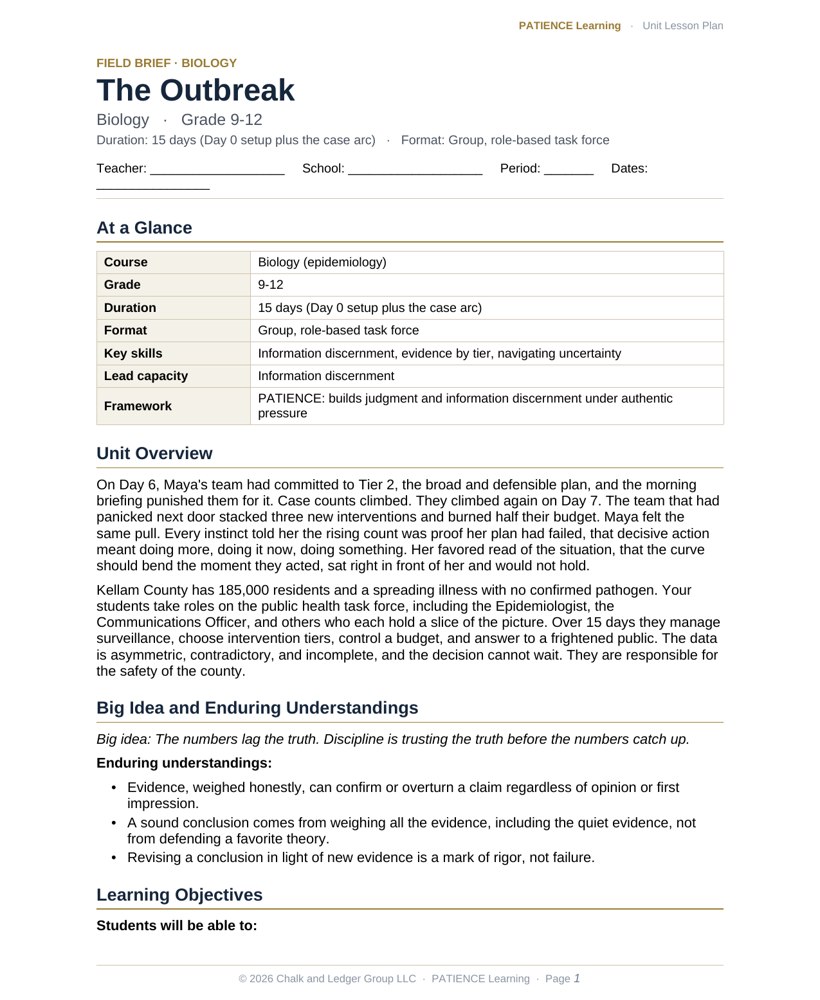 The included admin-ready lesson plan for The Outbreak, first page