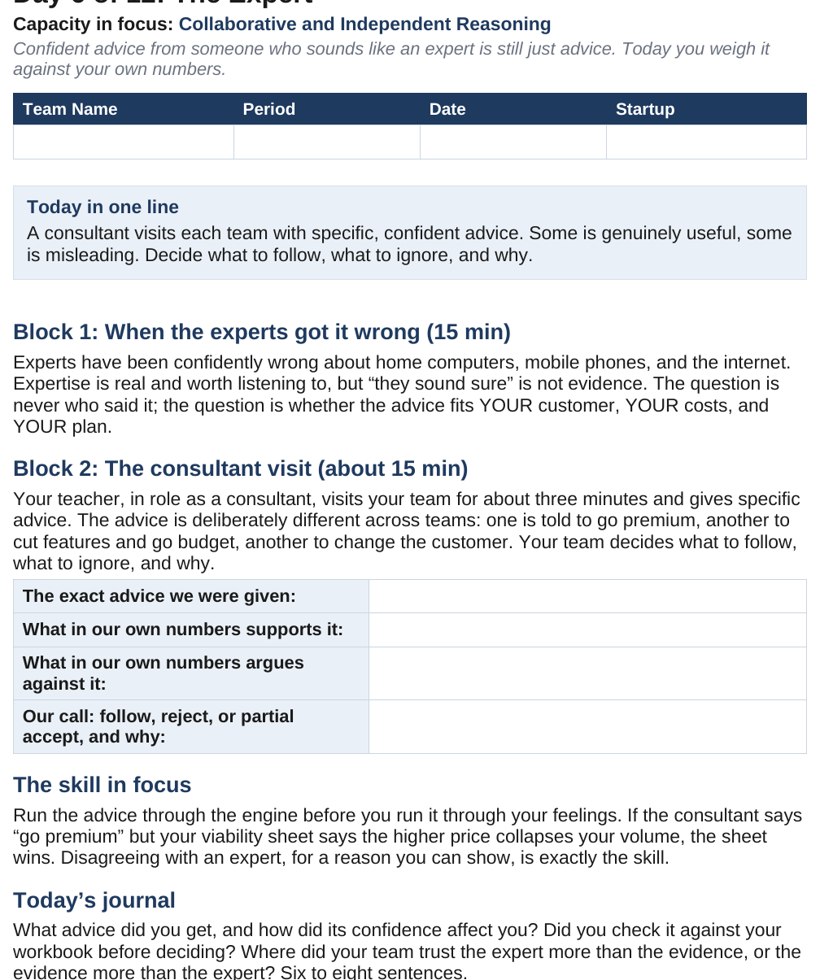 A student case page showing the day's situation, a curveball, and the team workbook inputs to update.