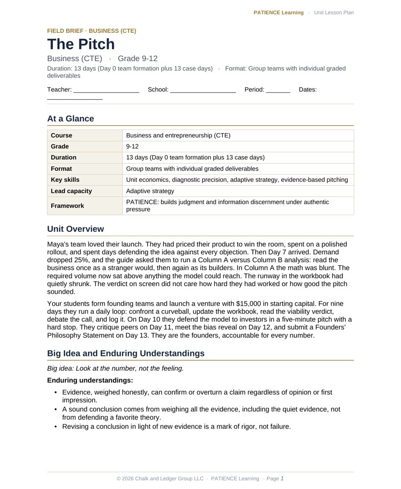 The included admin-ready lesson plan for The Pitch, first page