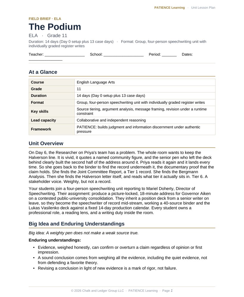 The included admin-ready lesson plan for The Podium, first page