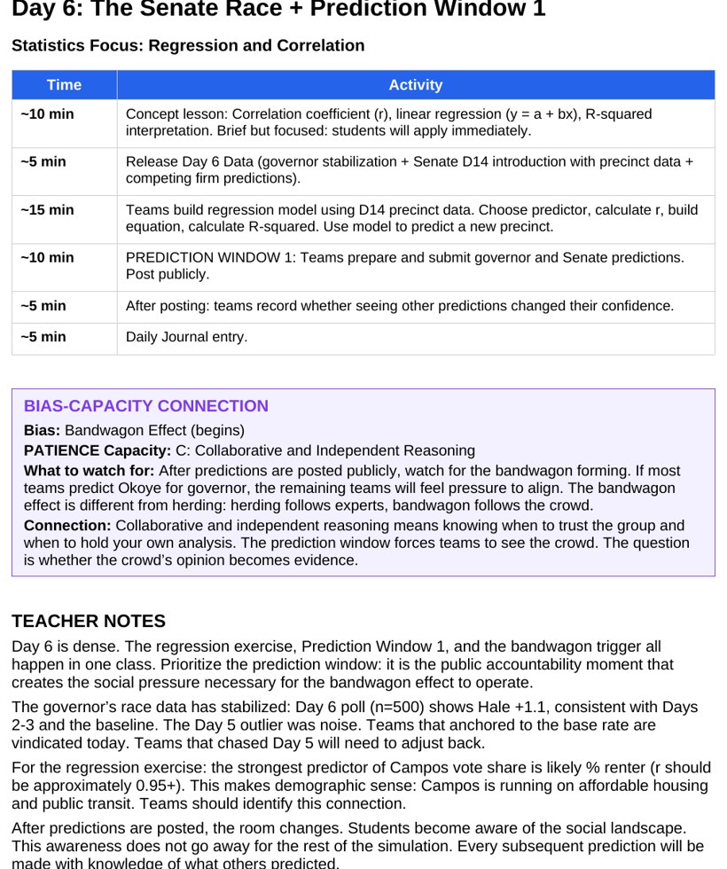 The Teacher Guide showing a daily playbook with DIIE footers and bias-capacity connection notes.