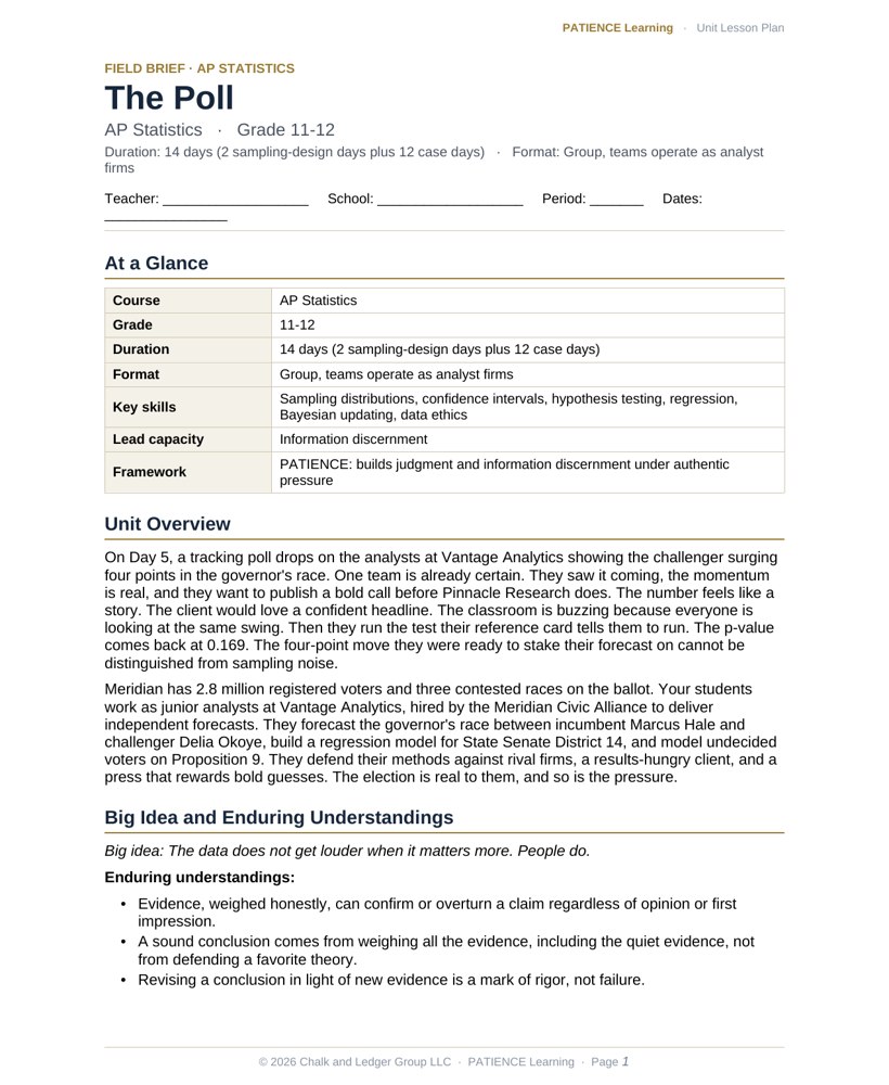 The included admin-ready lesson plan for The Poll, first page