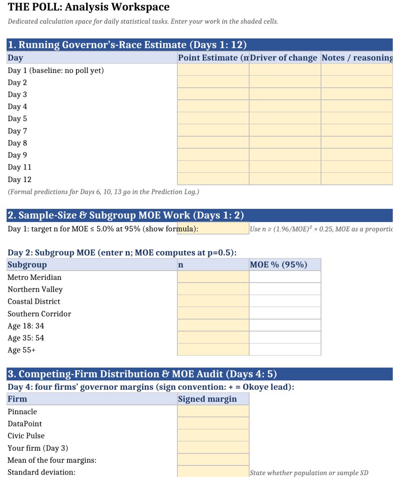 The Excel-based student Polling Data Tracker spreadsheet with columns for poll results, margin of error, and bias logs.