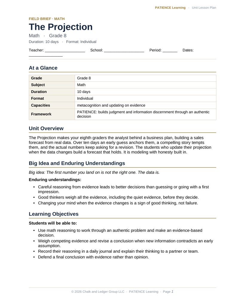 The included admin-ready lesson plan for The Projection, first page