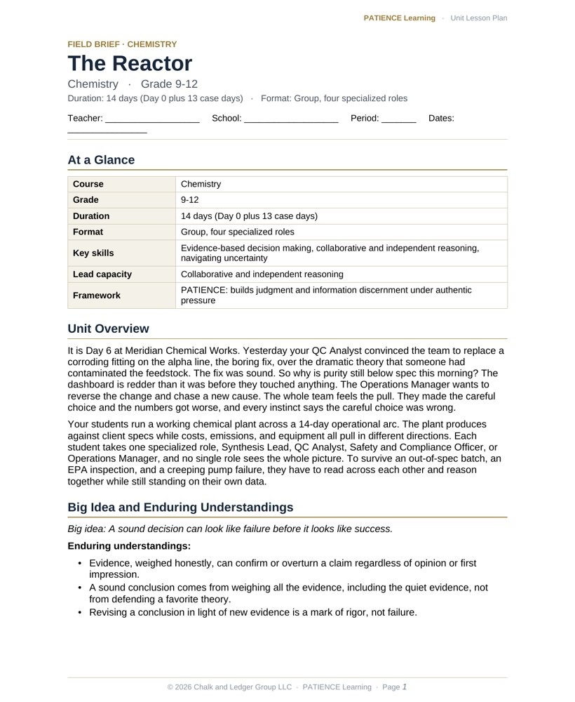 The included admin-ready lesson plan for The Reactor, first page