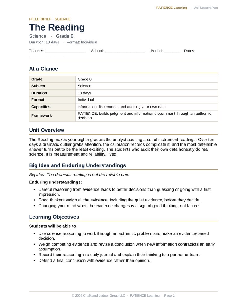 The included admin-ready lesson plan for The Reading, first page