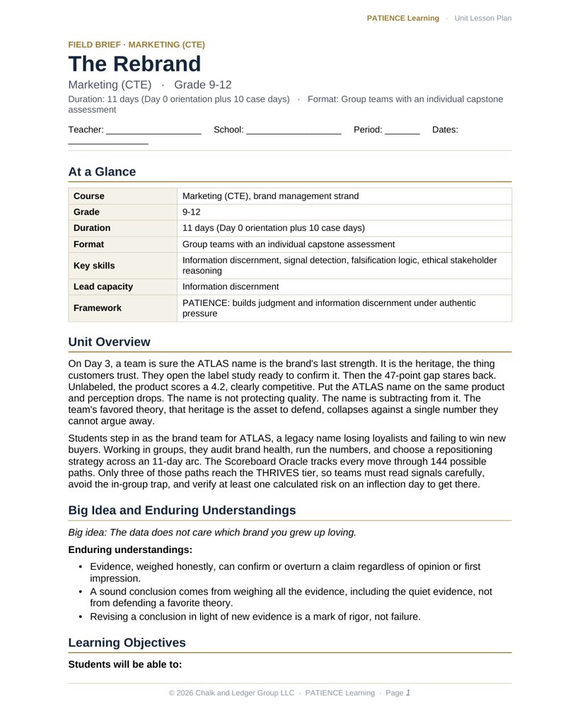 The included admin-ready lesson plan for The Rebrand, first page