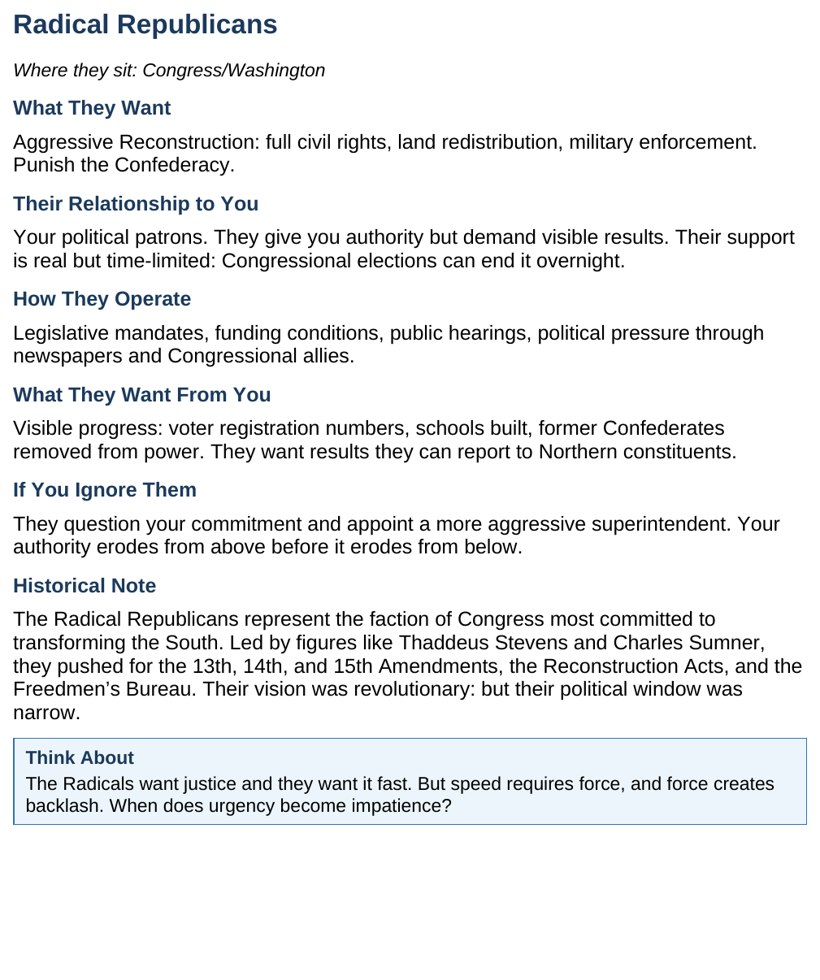 A Faction document students argue from, listing each group's strategic interest and the consequence of neglecting it.