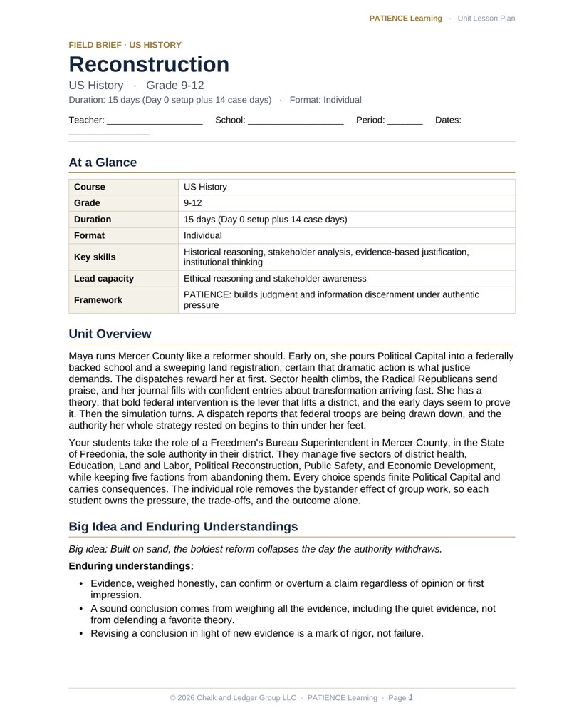 The included admin-ready lesson plan for Reconstruction, first page