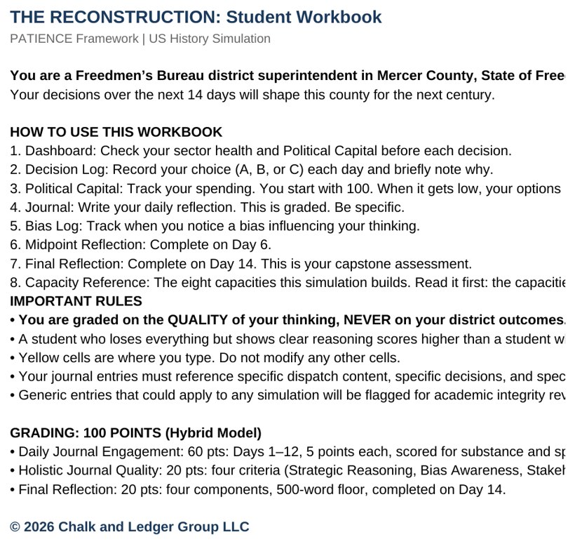 The student Workbook spreadsheet tracking Political Capital, the five sectors of district health, and decision history.