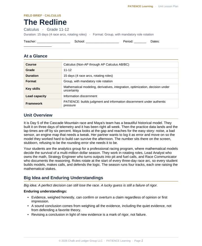 The included admin-ready lesson plan for The Redline, first page