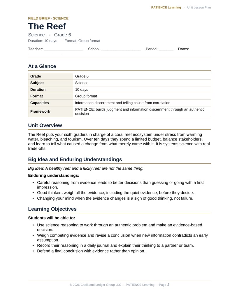 The included admin-ready lesson plan for The Reef, first page