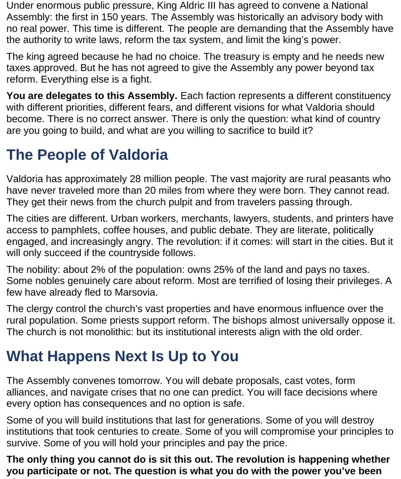 The Kingdom Profile page describing the fictional kingdom of Valdoria and the faction each student group represents.